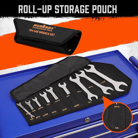 HORUSDY super-thin open end wrench set with 3mm slim design, 18 SAE sizes, carbon steel, and roll-up storage pouch