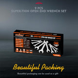 HORUSDY super-thin open end wrench set with 3mm slim design, 18 SAE sizes, carbon steel, and roll-up storage pouch