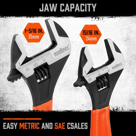 HORUSDY 2-piece adjustable wrench set with CR-V steel construction, wide jaw capacity, and ergonomic orange handle