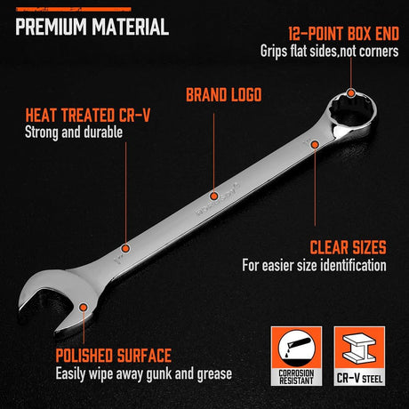 HORUSDY SAE combination wrench set with 6 large sizes, 12-point box end, polished CR-V steel, and roll-up storage pouch