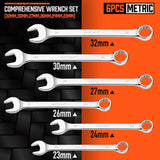 HORUSDY 6-piece long pattern metric combination wrench set with CR-V steel and 12-point box end, sizes 23mm to 32mm