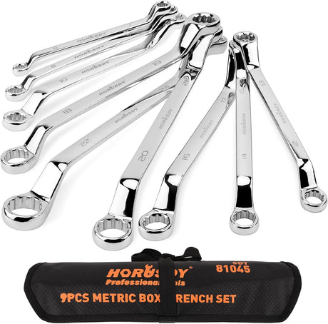 HORUSDY 9-piece metric box wrench set with mirror polish, 75-degree offset, and organized roll pouch