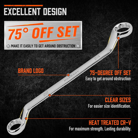 HORUSDY 9-piece metric box wrench set with mirror polish, 75-degree offset, and organized roll pouch