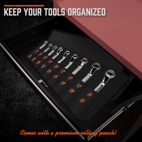 HORUSDY 9-piece metric box wrench set with mirror polish, 75-degree offset, and organized roll pouch