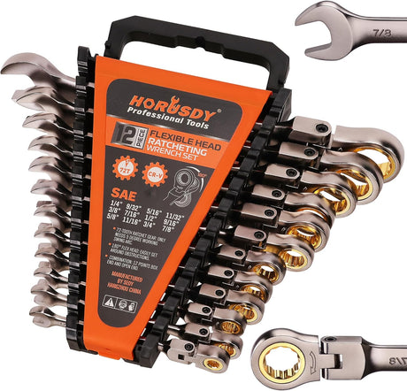 HORUSDY 12-piece SAE flex-head ratcheting wrench set with 72-tooth mechanism, CR-V steel, and storage organizer tray