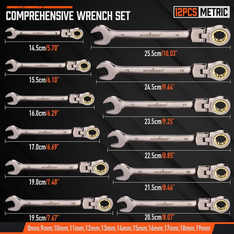 HORUSDY 12-piece metric flex-head ratcheting wrench set with 72-tooth design and storage tray for automotive and mechanical repairs
