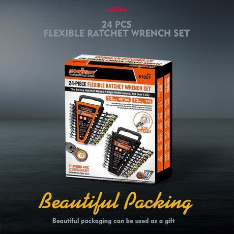 HORUSDY 24-piece flex-head ratcheting wrench set with both metric and SAE sizes, 72-tooth CR-V steel design and organizer case