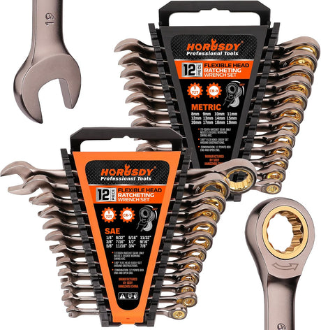 HORUSDY 24-piece ratcheting wrench set with SAE and metric sizes, CR-V steel, 72-tooth gear, and portable organizer tray