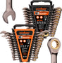 HORUSDY 24-piece ratcheting wrench set with SAE and metric sizes, CR-V steel, 72-tooth gear, and portable organizer tray