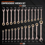HORUSDY 24-piece ratcheting wrench set with SAE and metric sizes, CR-V steel, 72-tooth gear, and portable organizer tray