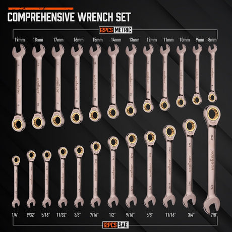 HORUSDY 24-piece ratcheting wrench set with SAE and metric sizes, CR-V steel, 72-tooth gear, and portable organizer tray