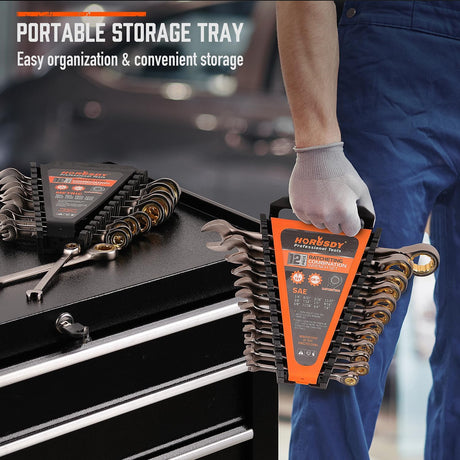 HORUSDY 24-piece ratcheting wrench set with SAE and metric sizes, CR-V steel, 72-tooth gear, and portable organizer tray