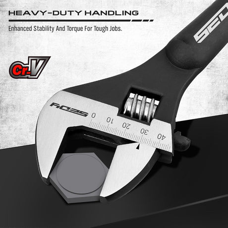 HORUSDY 3-Piece Adjustable Spud Wrench Set with 10", 12", 16" sizes, SAE & Metric scale markings, made from CR-V steel with a black oxide finish for enhanced durability.