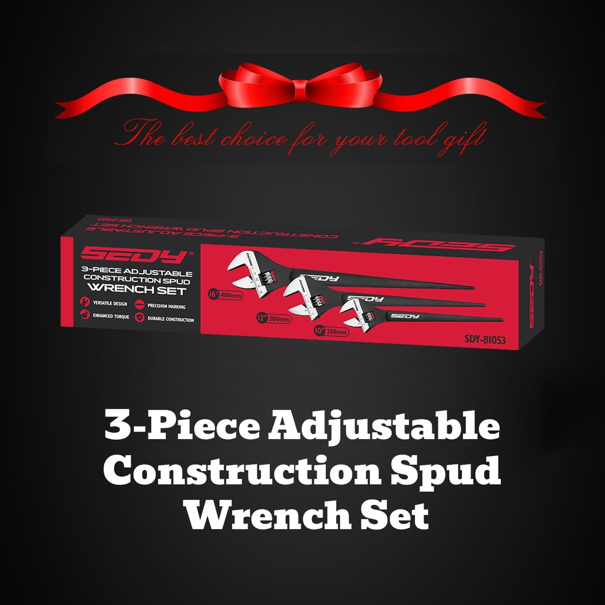 HORUSDY 3-Piece Adjustable Spud Wrench Set with 10", 12", 16" sizes, SAE & Metric scale markings, made from CR-V steel with a black oxide finish for enhanced durability.