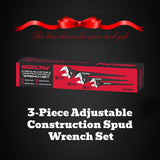 HORUSDY 3-Piece Adjustable Spud Wrench Set with 10", 12", 16" sizes, SAE & Metric scale markings, made from CR-V steel with a black oxide finish for enhanced durability.