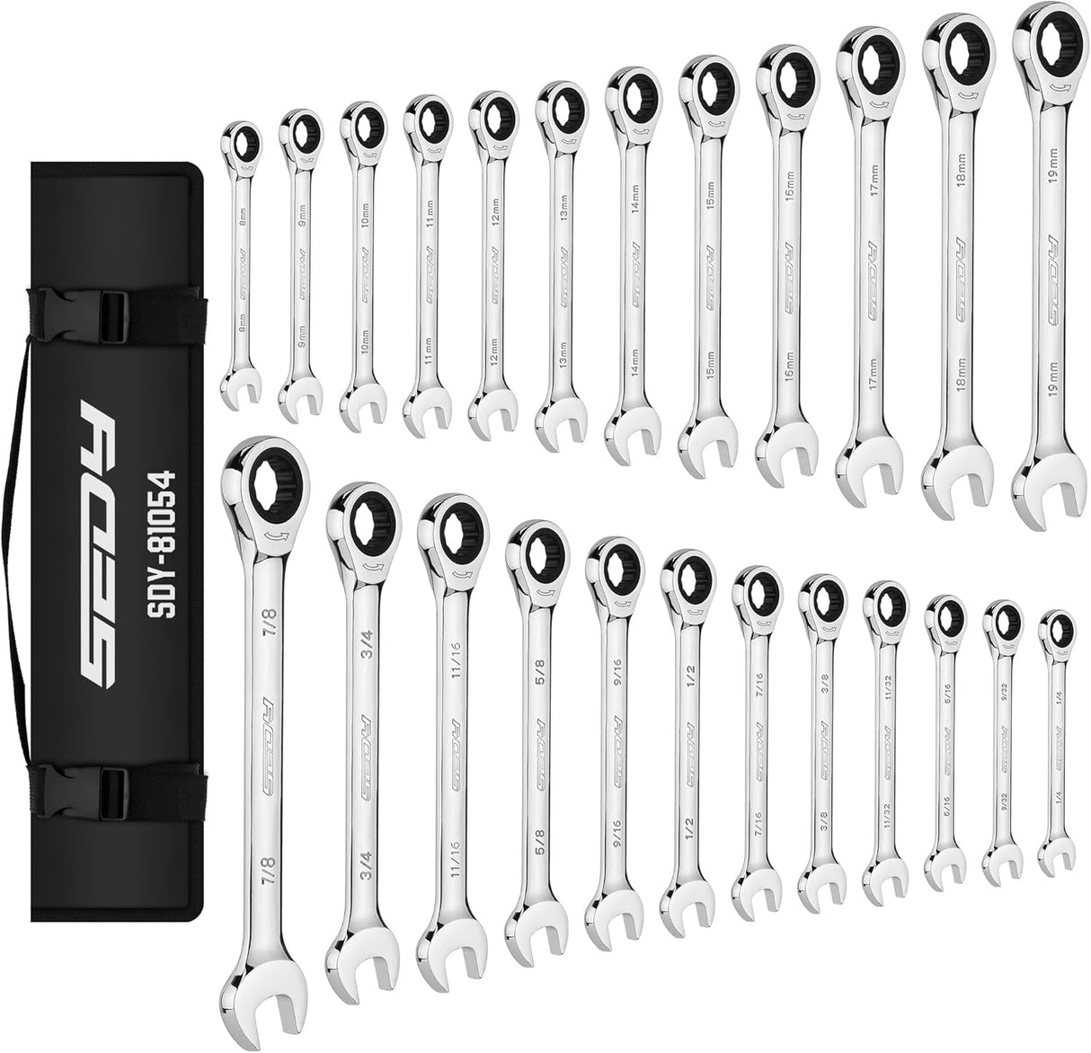 24-Piece Combination Ratcheting Wrench Set, Chrome Vanadium Steel, Metric & SAE, 72-Tooth Precision
