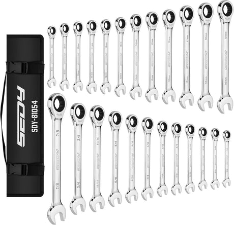 24-Piece Combination Ratcheting Wrench Set, Chrome Vanadium Steel, Metric & SAE, 72-Tooth Precision