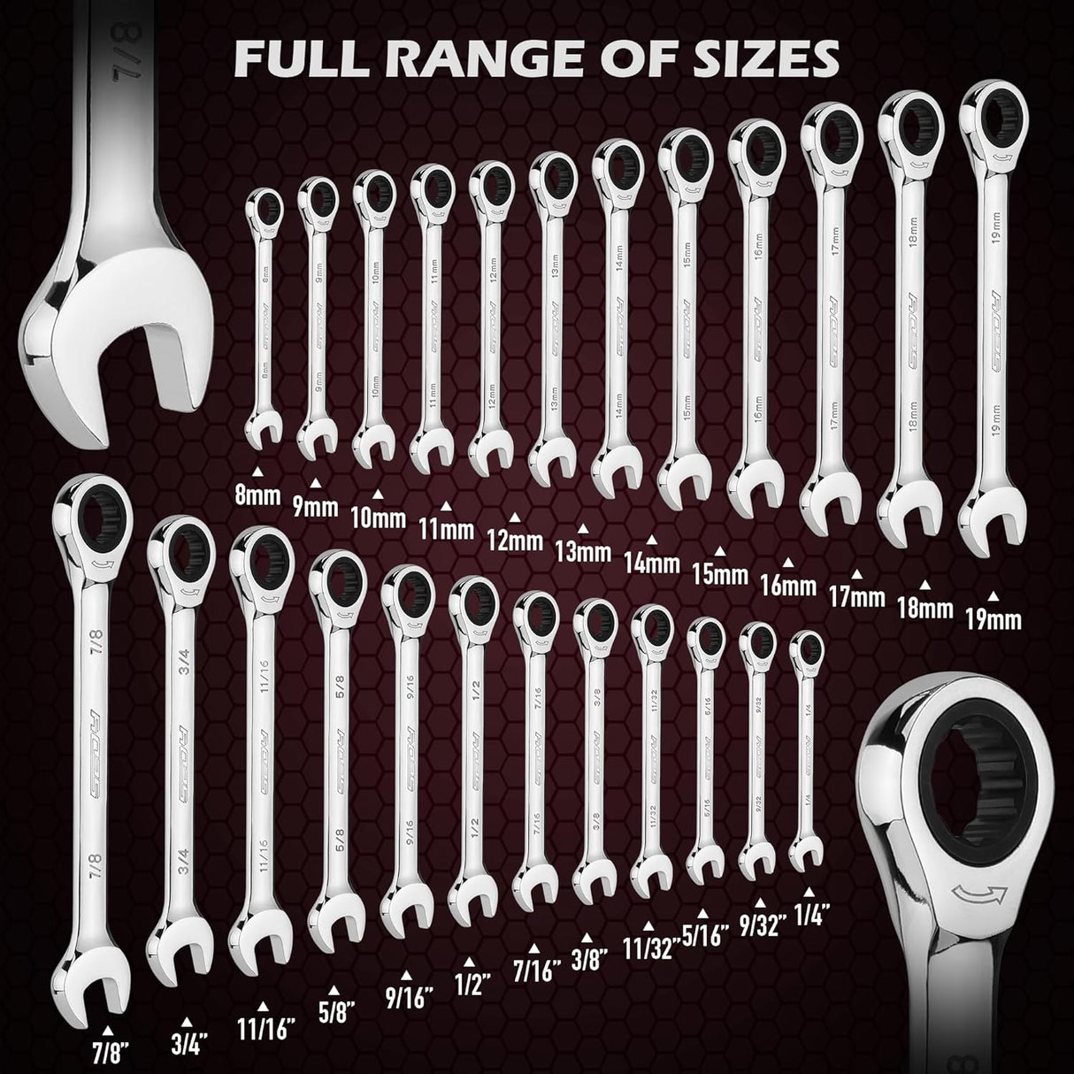 24-Piece Combination Ratcheting Wrench Set, Chrome Vanadium Steel, Metric & SAE, 72-Tooth Precision