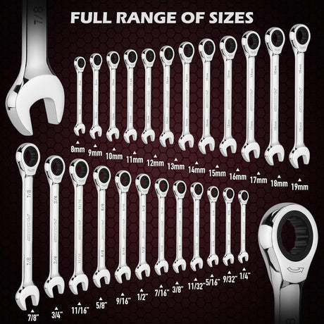 24-Piece Combination Ratcheting Wrench Set, Chrome Vanadium Steel, Metric & SAE, 72-Tooth Precision