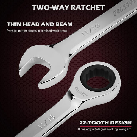24-Piece Combination Ratcheting Wrench Set, Chrome Vanadium Steel, Metric & SAE, 72-Tooth Precision