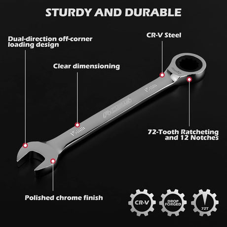24-Piece Combination Ratcheting Wrench Set, Chrome Vanadium Steel, Metric & SAE, 72-Tooth Precision
