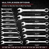 30-piece SAE and Metric combination wrench set with 12-point box ends and polished finish, includes organizer rack for easy storage and transport