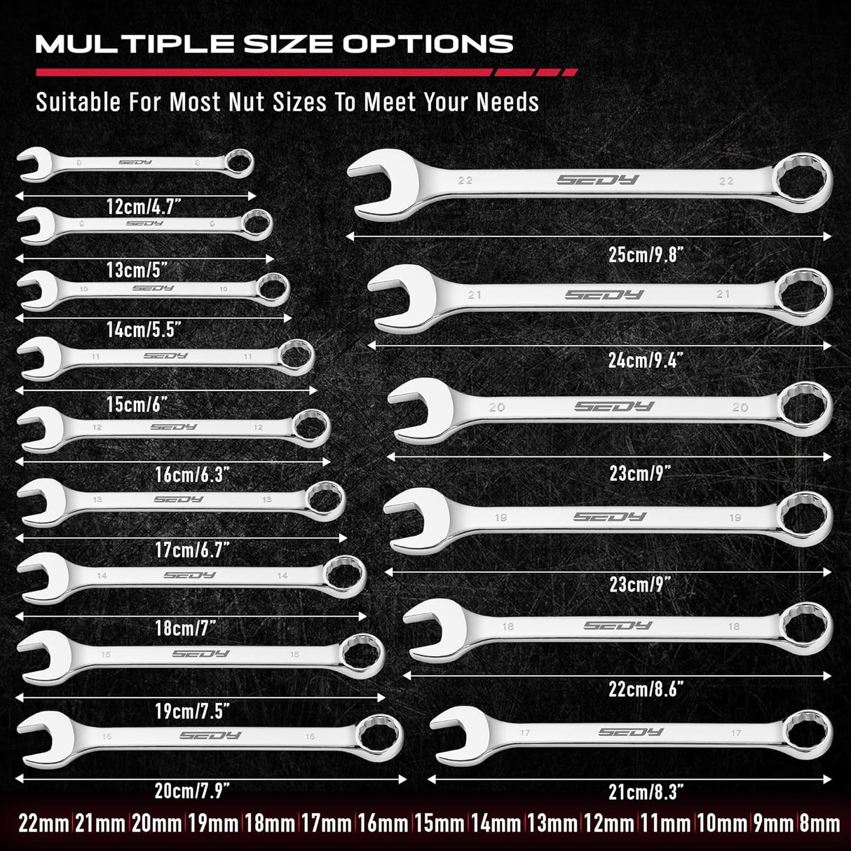 30-piece SAE and Metric combination wrench set with 12-point box ends and polished finish, includes organizer rack for easy storage and transport