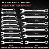 30-piece SAE and Metric combination wrench set with 12-point box ends and polished finish, includes organizer rack for easy storage and transport