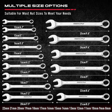 30-piece SAE and Metric combination wrench set with 12-point box ends and polished finish, includes organizer rack for easy storage and transport