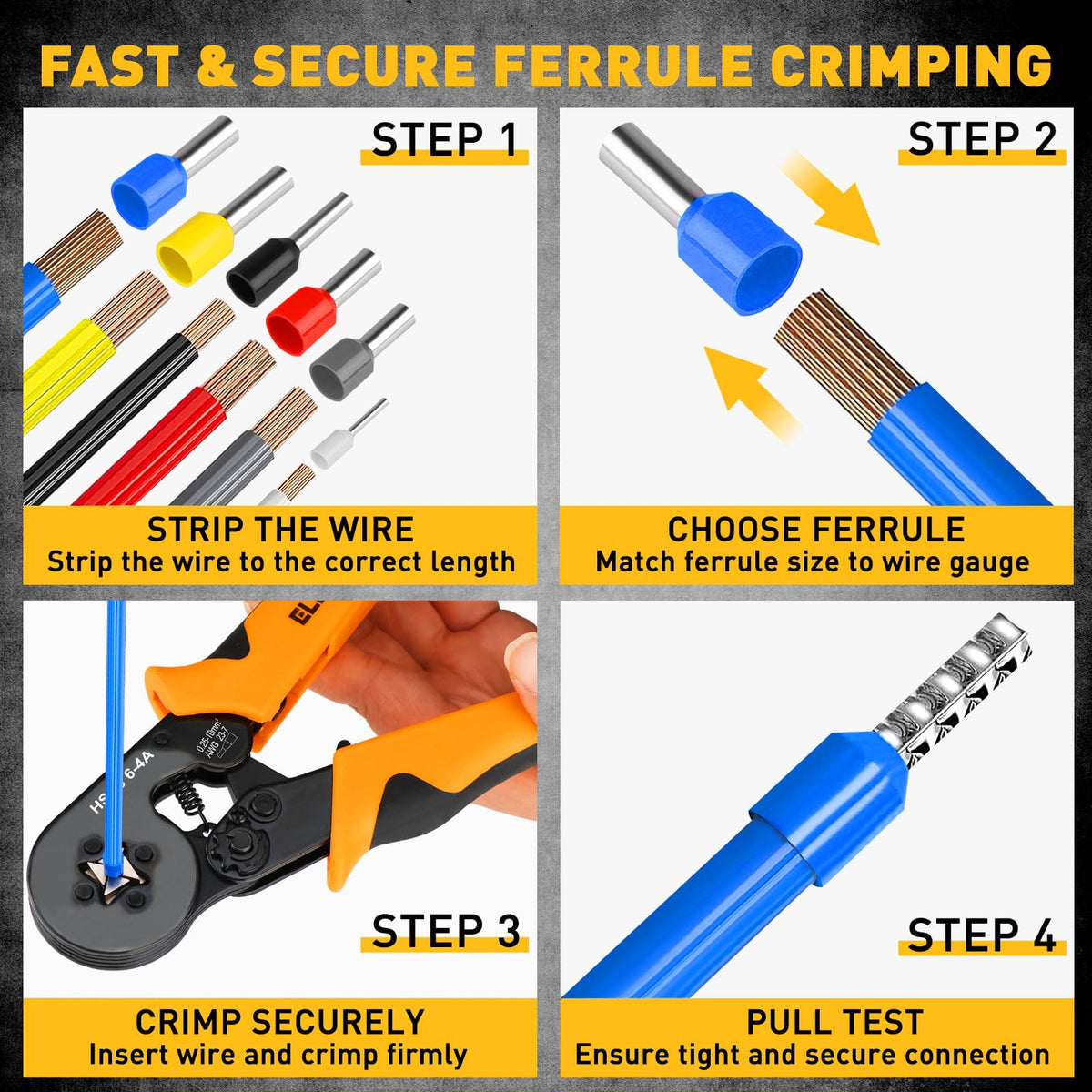 1188-Piece Ferrule Crimping & Stripping Tool Kit, AWG 23-7 (0.25-10 mm²) Ferrule Crimper, Automatic Wire Stripper with Conductor End Sleeve, Terminal, Flat Plug, Flat Connector and Tie Tape