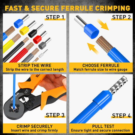 1188-Piece Ferrule Crimping & Stripping Tool Kit, AWG 23-7 (0.25-10 mm²) Ferrule Crimper, Automatic Wire Stripper with Conductor End Sleeve, Terminal, Flat Plug, Flat Connector and Tie Tape