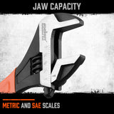HORUSDY 8-inch adjustable wrench with ergonomic handle, wide jaw, and SAE/Metric scale for automotive and DIY use