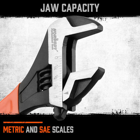 HORUSDY 8-inch adjustable wrench with ergonomic handle, wide jaw, and SAE/Metric scale for automotive and DIY use
