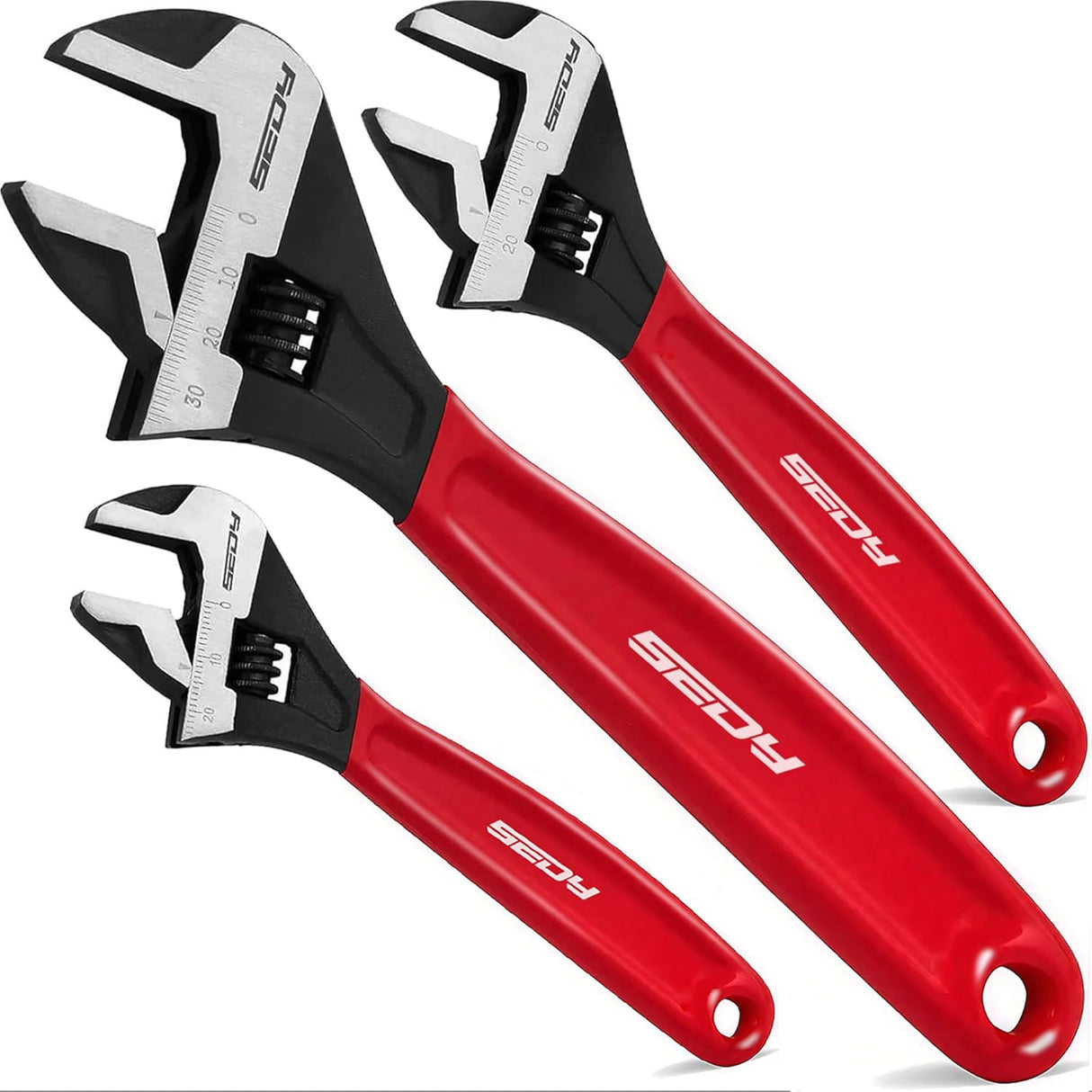 Adjustable wrench set with 6", 8", and 10" wide jaw pipe spanners, CR-V steel construction, black oxide finish, cushion grip, metric & SAE scales.