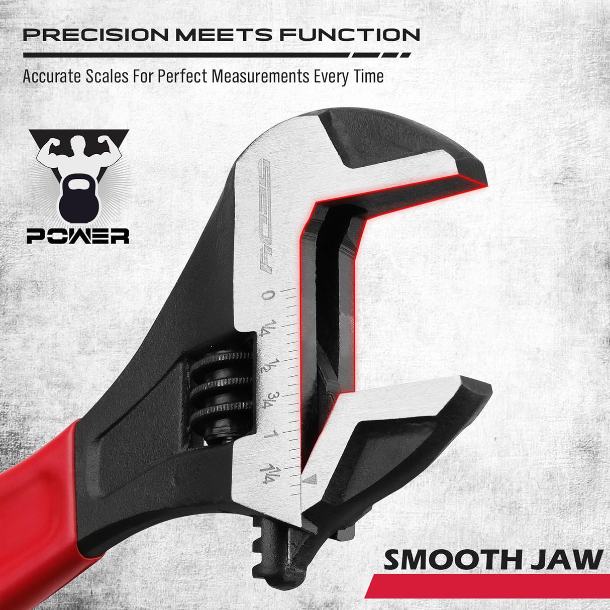 Adjustable wrench set with 6", 8", and 10" wide jaw pipe spanners, CR-V steel construction, black oxide finish, cushion grip, metric & SAE scales.