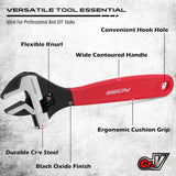 Adjustable wrench set with 6", 8", and 10" wide jaw pipe spanners, CR-V steel construction, black oxide finish, cushion grip, metric & SAE scales.