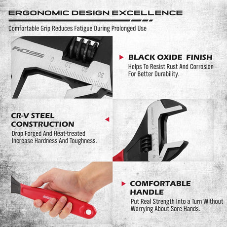 Adjustable wrench set with 6", 8", and 10" wide jaw pipe spanners, CR-V steel construction, black oxide finish, cushion grip, metric & SAE scales.
