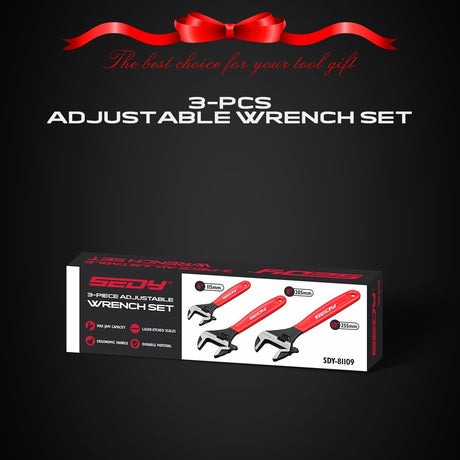 Adjustable wrench set with 6", 8", and 10" wide jaw pipe spanners, CR-V steel construction, black oxide finish, cushion grip, metric & SAE scales.