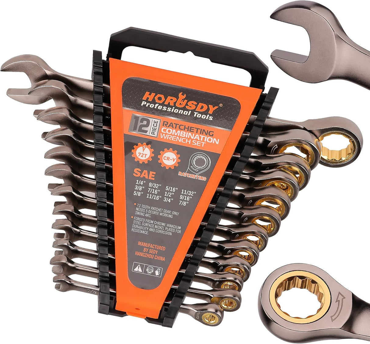 HORUSDY 12-piece ratcheting combination wrench set with CR-V steel construction, 72-tooth gear, and organizer tray