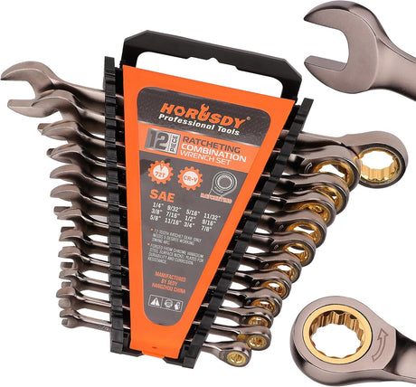 HORUSDY 12-piece ratcheting combination wrench set with CR-V steel construction, 72-tooth gear, and organizer tray
