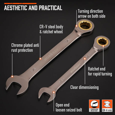 HORUSDY 12-piece ratcheting combination wrench set with CR-V steel construction, 72-tooth gear, and organizer tray
