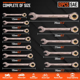 HORUSDY 12-piece ratcheting combination wrench set with CR-V steel construction, 72-tooth gear, and organizer tray