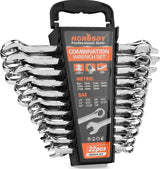 HORUSDY 22-piece combination wrench set with SAE and metric sizes, polished CR-V steel, and storage organizer