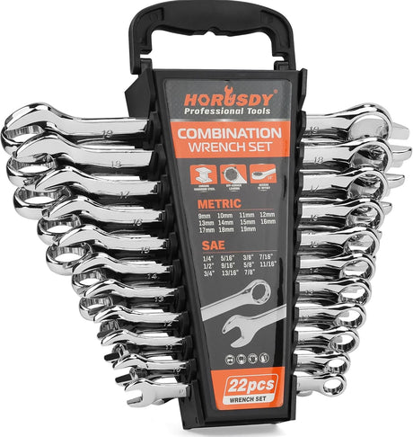 HORUSDY 22-piece combination wrench set with SAE and metric sizes, polished CR-V steel, and storage organizer
