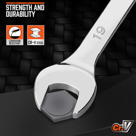 HORUSDY 22-piece combination wrench set with SAE and metric sizes, polished CR-V steel, and storage organizer