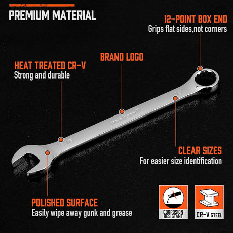 HORUSDY 22-piece combination wrench set with SAE and metric sizes, polished CR-V steel, and storage organizer