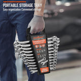 HORUSDY 22-piece combination wrench set with SAE and metric sizes, polished CR-V steel, and storage organizer