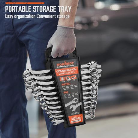 HORUSDY 22-piece combination wrench set with SAE and metric sizes, polished CR-V steel, and storage organizer