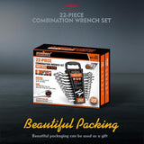HORUSDY 22-piece combination wrench set with SAE and metric sizes, polished CR-V steel, and storage organizer