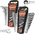 HORUSDY 26-piece ratcheting wrench set with SAE and metric sizes, CR-V steel, and carrying tray